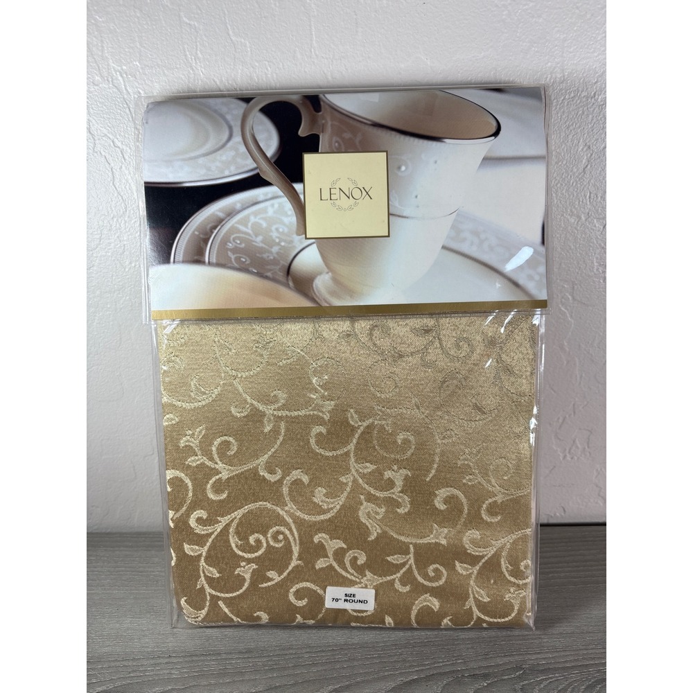 Lenox Opal Innocence Gold Damask Round Tablecloth 70 Inch 776208 New